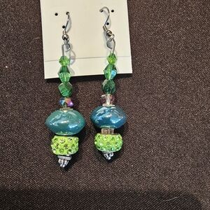 Vibrant Green and Blue Beaded Earrings